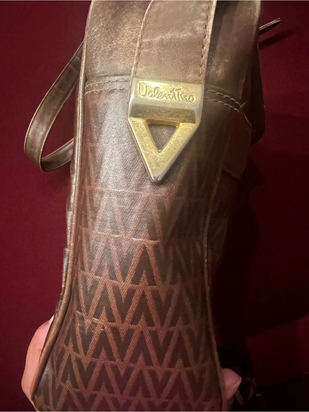 Vintage Mario Valentino Monogram Crossbody Bag Brown Leather Coated Canvas Vtg
